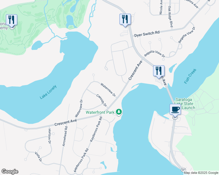 map of restaurants, bars, coffee shops, grocery stores, and more near 66 Waterview Drive in Saratoga Springs