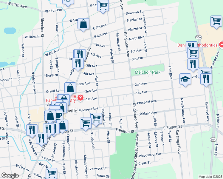 map of restaurants, bars, coffee shops, grocery stores, and more near 97 1st Avenue in Gloversville