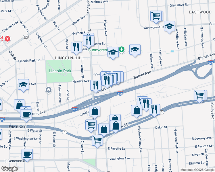 map of restaurants, bars, coffee shops, grocery stores, and more near 206 Greenway Avenue in Syracuse
