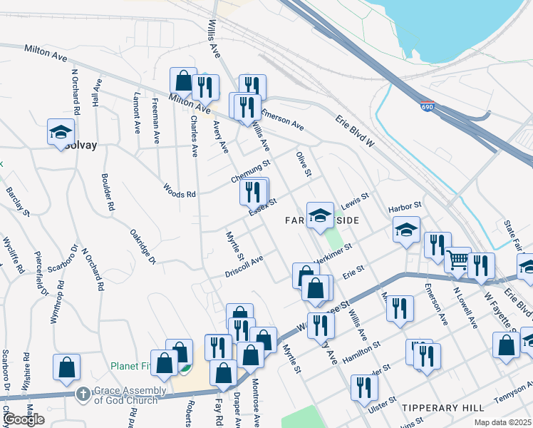 map of restaurants, bars, coffee shops, grocery stores, and more near 912 Avery Avenue in Syracuse