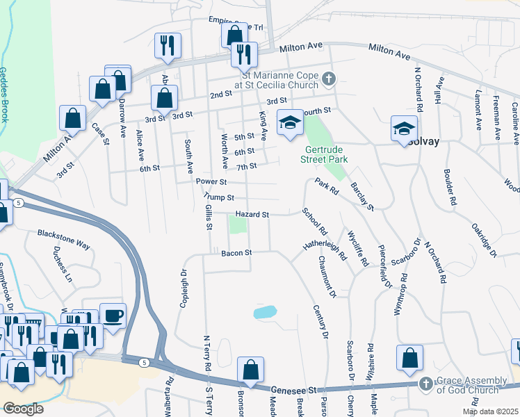 map of restaurants, bars, coffee shops, grocery stores, and more near 1103 Cogswell Avenue in Syracuse