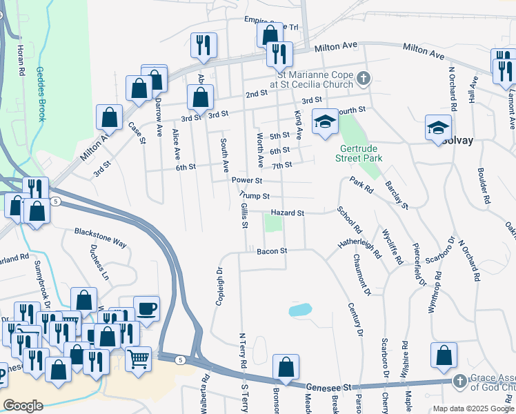 map of restaurants, bars, coffee shops, grocery stores, and more near 104 Pennock Street in Syracuse