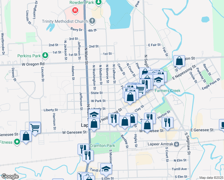 map of restaurants, bars, coffee shops, grocery stores, and more near 525 North Monroe Street in Lapeer