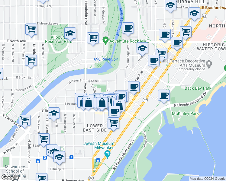 map of restaurants, bars, coffee shops, grocery stores, and more near 1805 North Warren Avenue in Milwaukee