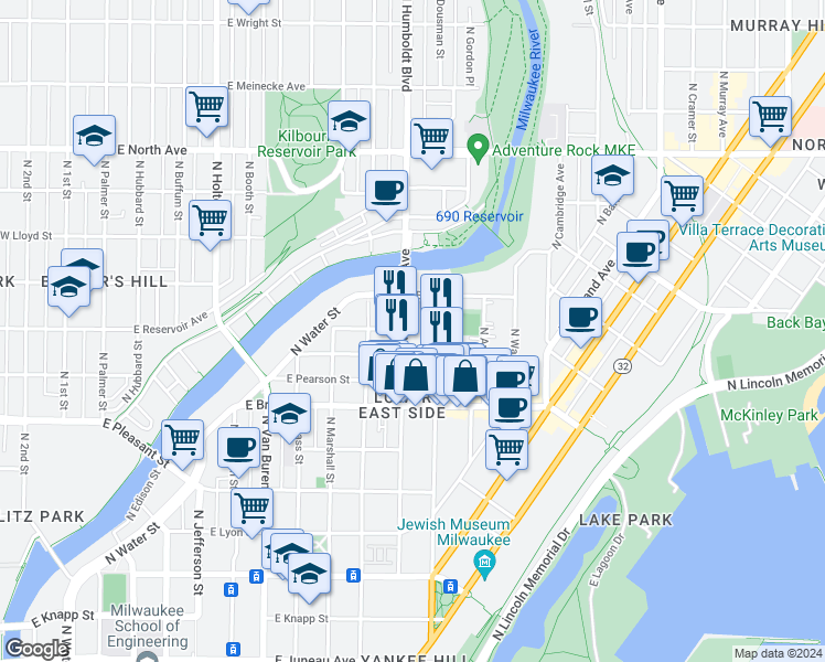map of restaurants, bars, coffee shops, grocery stores, and more near 1134 East Hamilton Street in Milwaukee