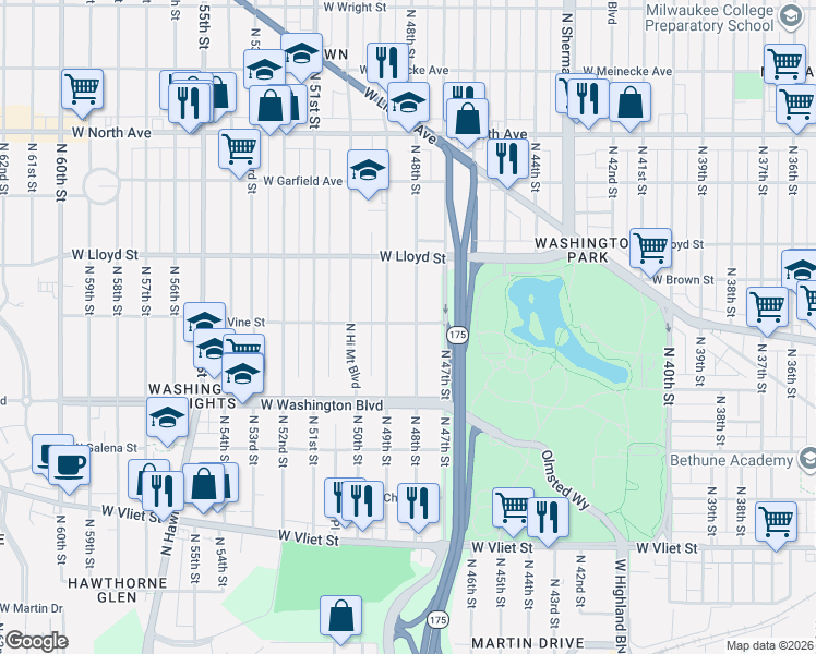 map of restaurants, bars, coffee shops, grocery stores, and more near 1808 North 48th Street in Milwaukee