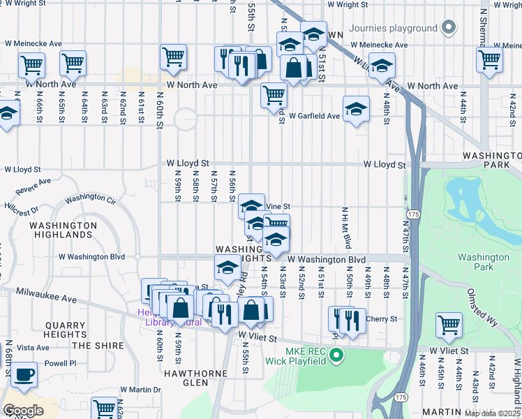 map of restaurants, bars, coffee shops, grocery stores, and more near 1819 North 54th Street in Milwaukee