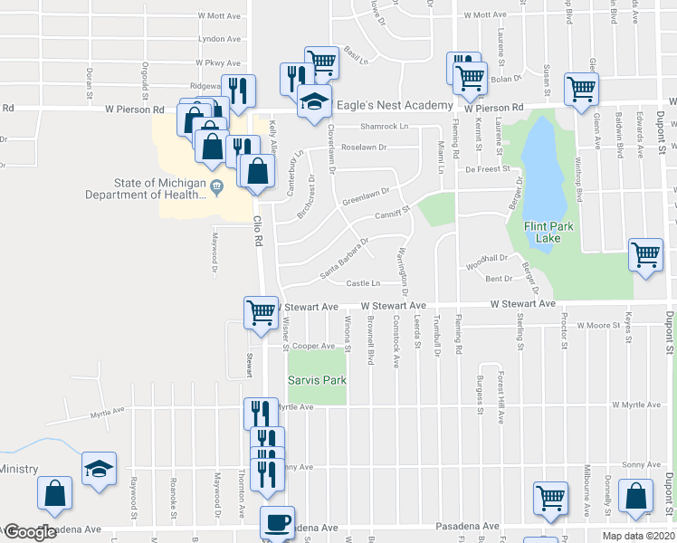 map of restaurants, bars, coffee shops, grocery stores, and more near 2215 Santa Barbara Drive in Flint