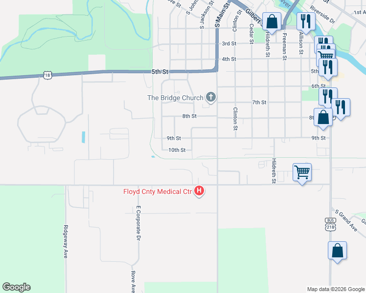 map of restaurants, bars, coffee shops, grocery stores, and more near 900 10th Street in Charles City