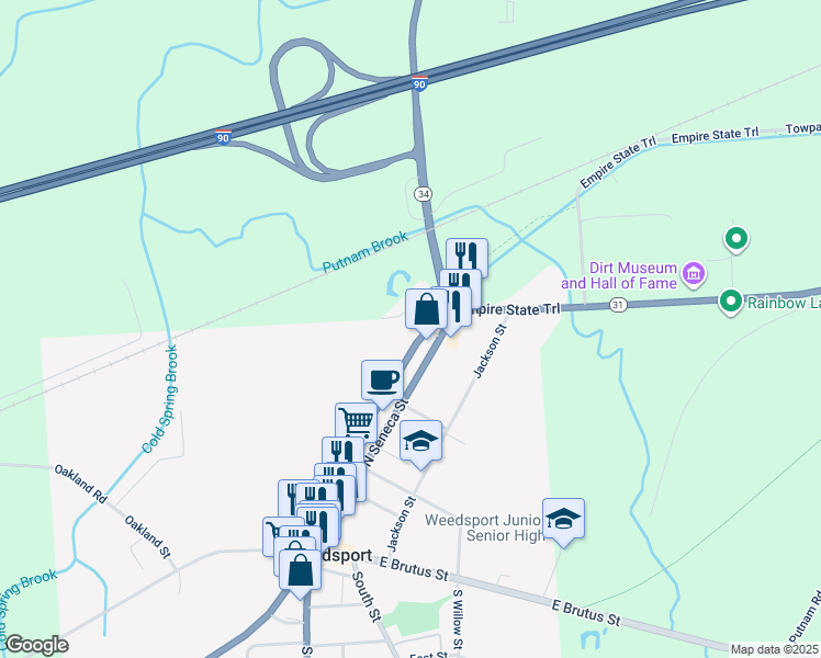 map of restaurants, bars, coffee shops, grocery stores, and more near 2763 Erie Drive in Weedsport