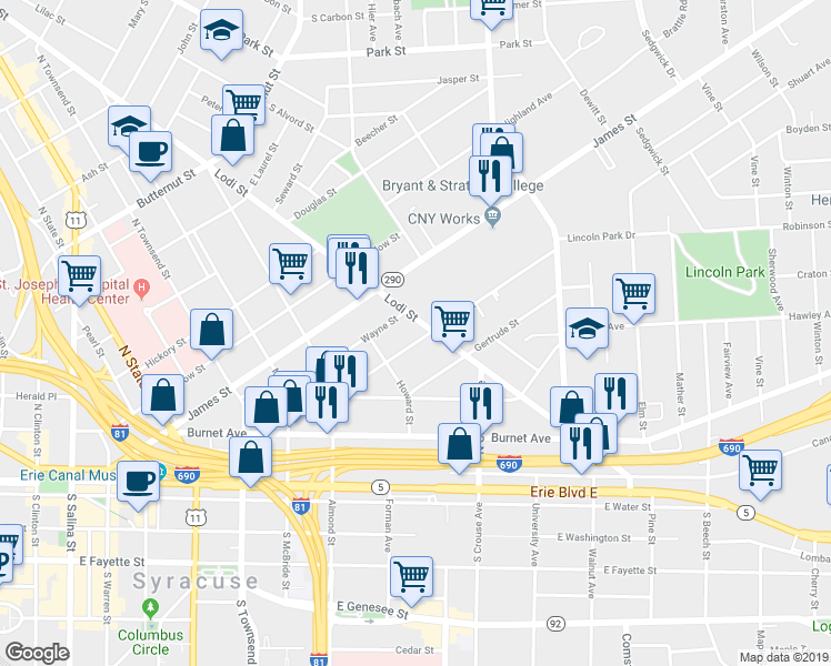 map of restaurants, bars, coffee shops, grocery stores, and more near 219 Green Street in Syracuse