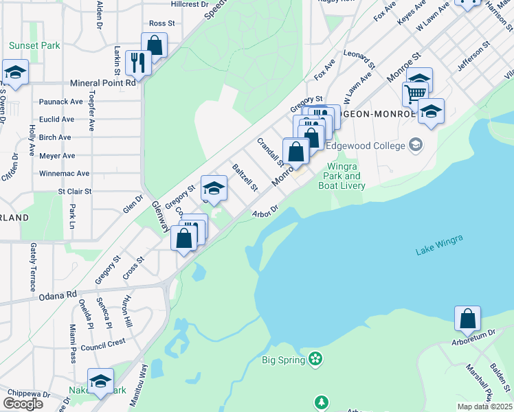 map of restaurants, bars, coffee shops, grocery stores, and more near 2941 Monroe Street in Madison