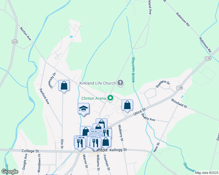 map of restaurants, bars, coffee shops, grocery stores, and more near 43 Kirkland Avenue in Clinton