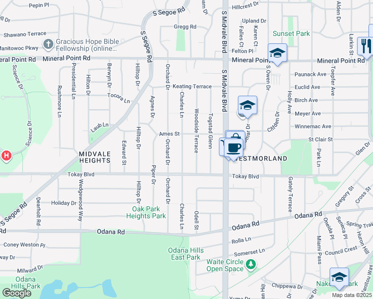 map of restaurants, bars, coffee shops, grocery stores, and more near 530 Woodside Terrace in Madison
