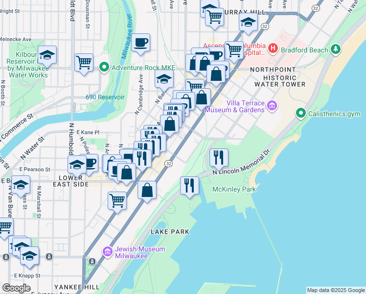 map of restaurants, bars, coffee shops, grocery stores, and more near 1930 North Prospect Avenue in Milwaukee