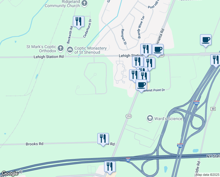 map of restaurants, bars, coffee shops, grocery stores, and more near 162 Chelsea Meadows Drive in West Henrietta