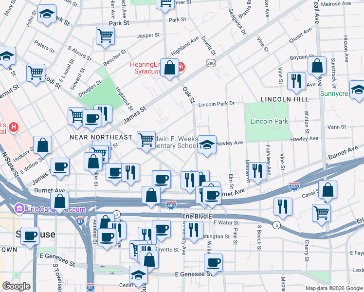 map of restaurants, bars, coffee shops, grocery stores, and more near 115 Henderson Street in Syracuse