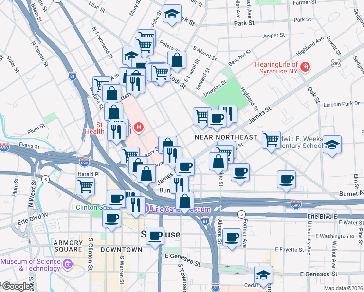 map of restaurants, bars, coffee shops, grocery stores, and more near 637 East Willow Street in Syracuse