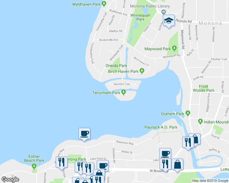 map of restaurants, bars, coffee shops, grocery stores, and more near 1312 Pocahontas Drive in Monona