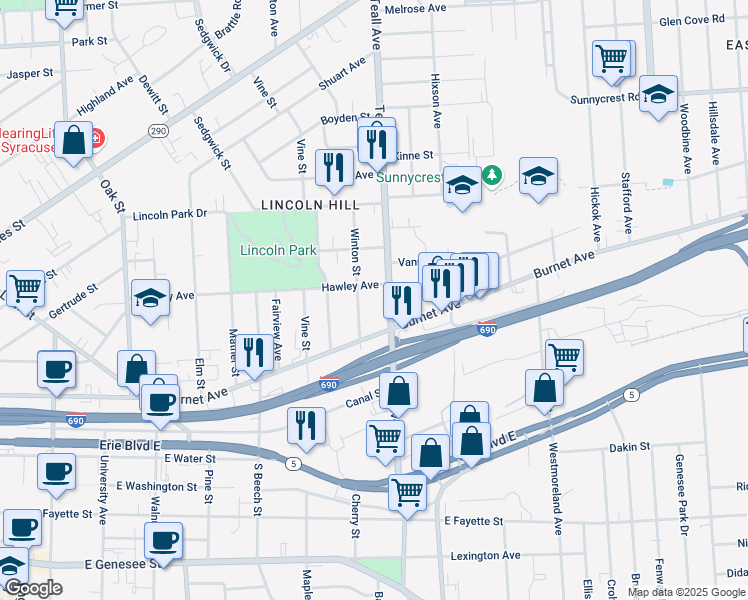 map of restaurants, bars, coffee shops, grocery stores, and more near 500 Teall Avenue in Syracuse