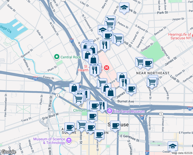 map of restaurants, bars, coffee shops, grocery stores, and more near 413 North State Street in Syracuse
