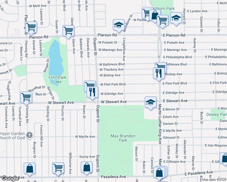map of restaurants, bars, coffee shops, grocery stores, and more near 610 West Stewart Avenue in Flint