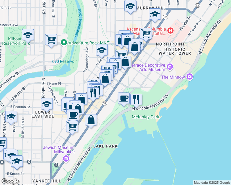 map of restaurants, bars, coffee shops, grocery stores, and more near 1919 North Summit Avenue in Milwaukee