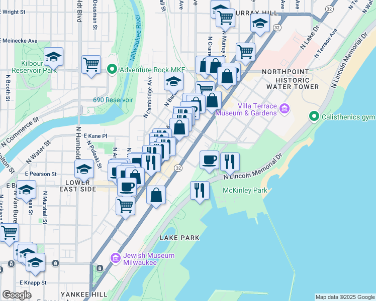map of restaurants, bars, coffee shops, grocery stores, and more near 1919 North Summit Avenue in Milwaukee