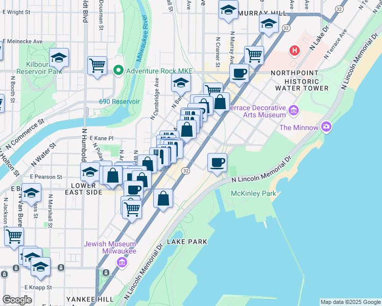 map of restaurants, bars, coffee shops, grocery stores, and more near in Milwaukee