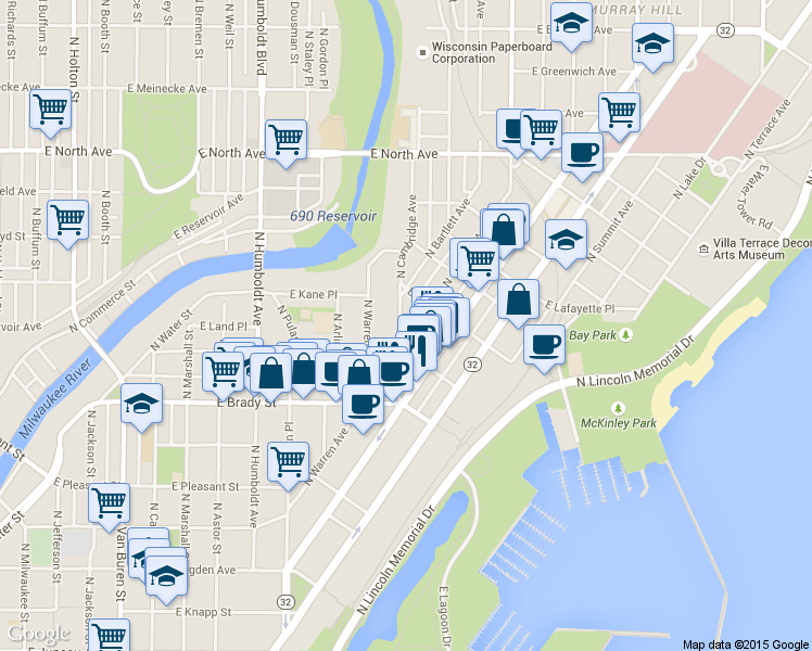 map of restaurants, bars, coffee shops, grocery stores, and more near 1809 North Oakland Avenue in Milwaukee