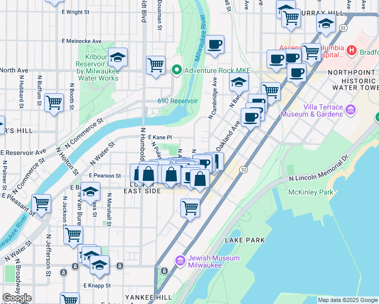 map of restaurants, bars, coffee shops, grocery stores, and more near 1805 North Warren Avenue in Milwaukee