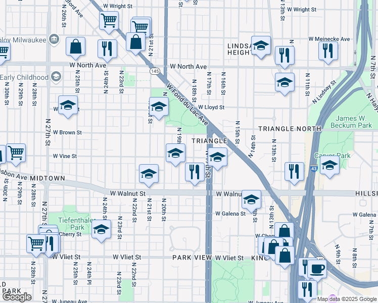 map of restaurants, bars, coffee shops, grocery stores, and more near 1830 North 19th Street in Milwaukee