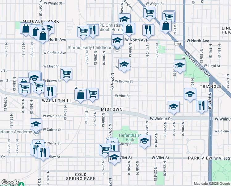 map of restaurants, bars, coffee shops, grocery stores, and more near 1853 North 26th Street in Milwaukee