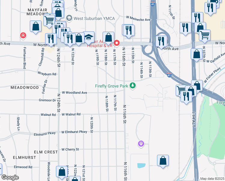 map of restaurants, bars, coffee shops, grocery stores, and more near 1823 North 117th Street in Wauwatosa