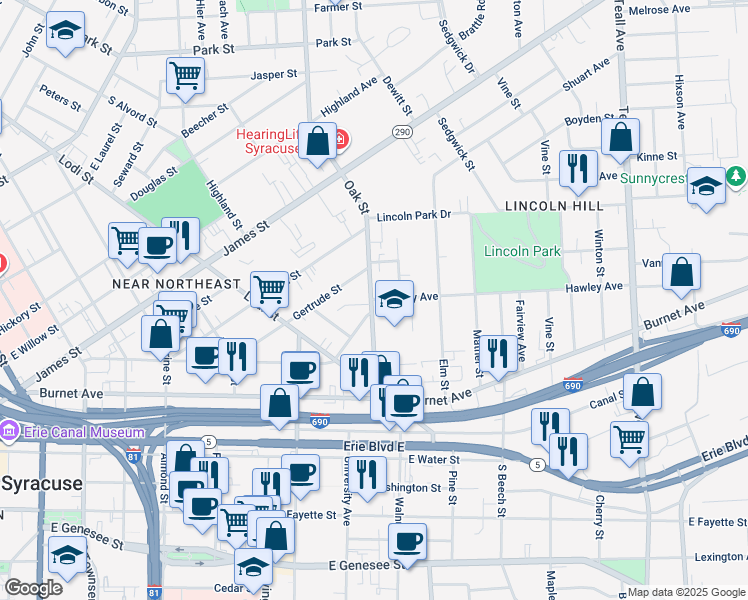 map of restaurants, bars, coffee shops, grocery stores, and more near 710 Hawley Avenue in Syracuse