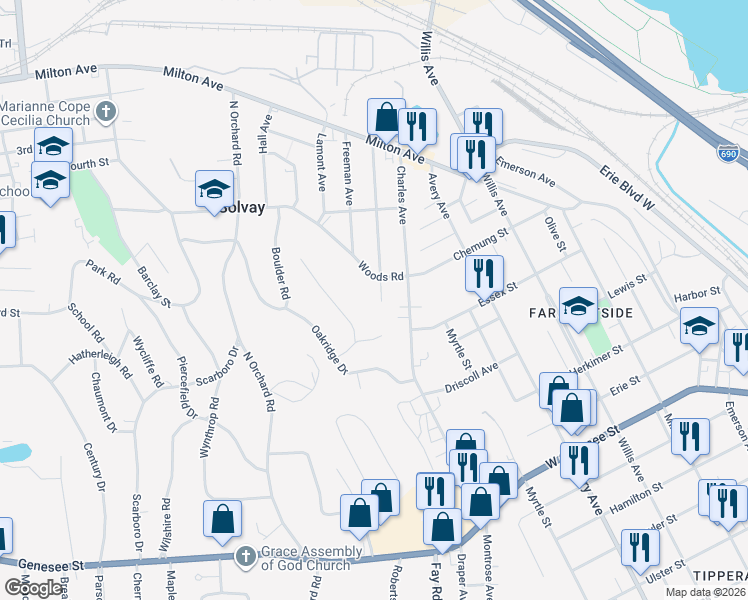 map of restaurants, bars, coffee shops, grocery stores, and more near 105 Upland Circle Drive in Syracuse