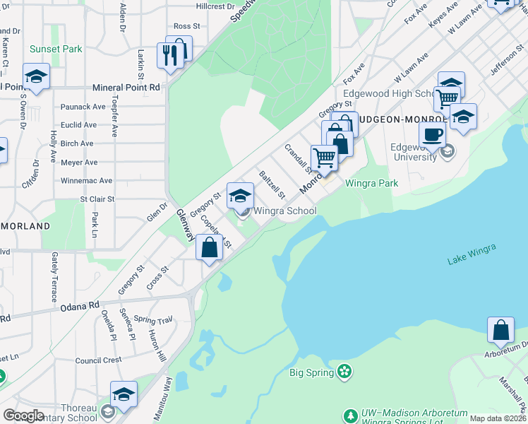 map of restaurants, bars, coffee shops, grocery stores, and more near 3116 Monroe Street in Madison
