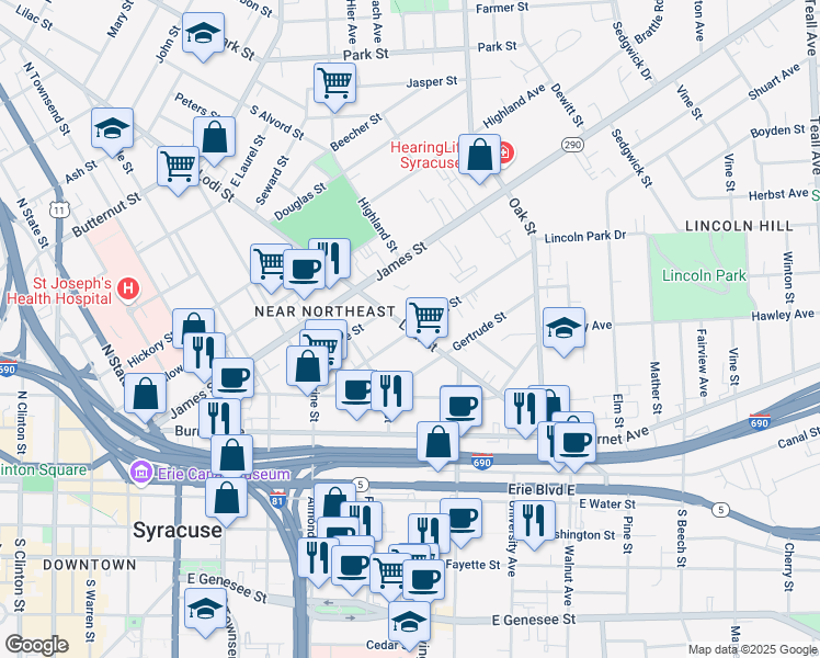 map of restaurants, bars, coffee shops, grocery stores, and more near 700 Lodi Street in Syracuse