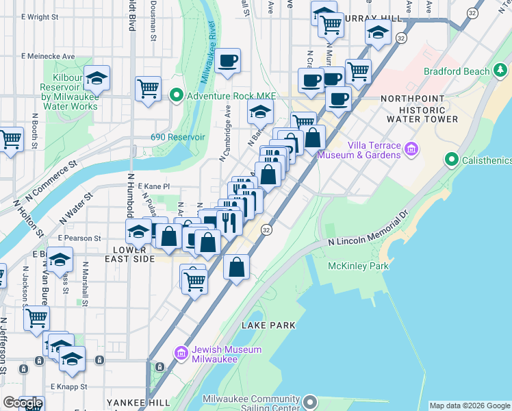 map of restaurants, bars, coffee shops, grocery stores, and more near North Farwell Avenue in Milwaukee