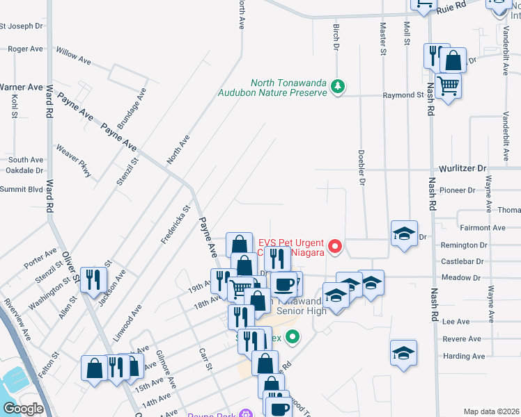 map of restaurants, bars, coffee shops, grocery stores, and more near 33 Sunset Drive in North Tonawanda