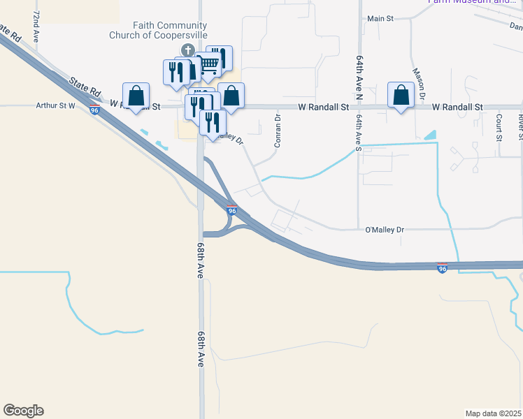 map of restaurants, bars, coffee shops, grocery stores, and more near 1008 O'Malley Drive in Coopersville