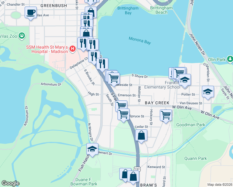 map of restaurants, bars, coffee shops, grocery stores, and more near 833 West Lakeside Street in Madison