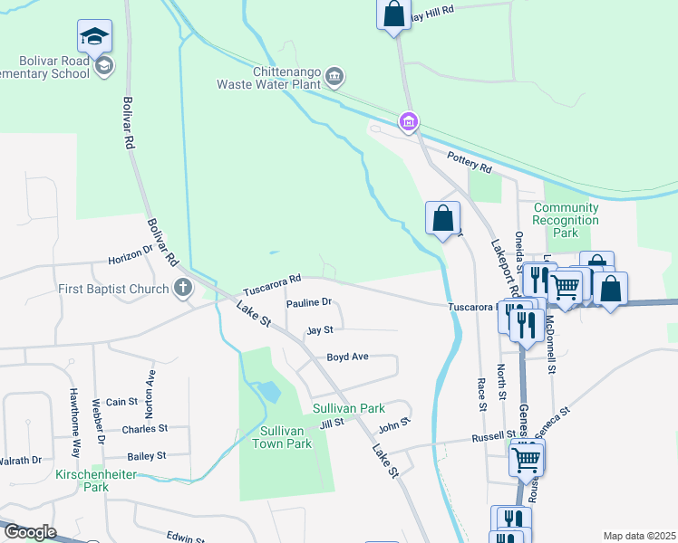 map of restaurants, bars, coffee shops, grocery stores, and more near 366/368 Tuscarora Road in Chittenango