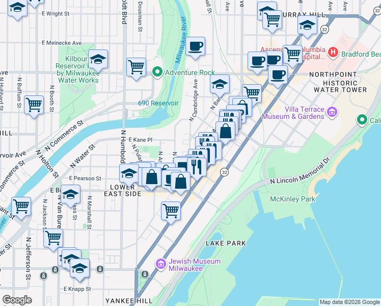 map of restaurants, bars, coffee shops, grocery stores, and more near 1864 North Cambridge Avenue in Milwaukee