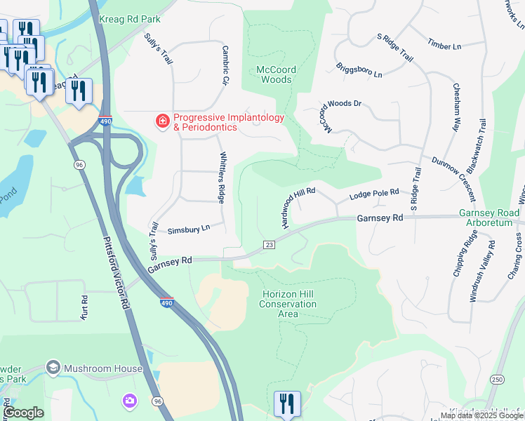 map of restaurants, bars, coffee shops, grocery stores, and more near 8 Broken Hill Road in Pittsford