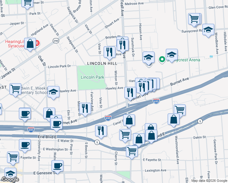 map of restaurants, bars, coffee shops, grocery stores, and more near 403 Winton Street in Syracuse