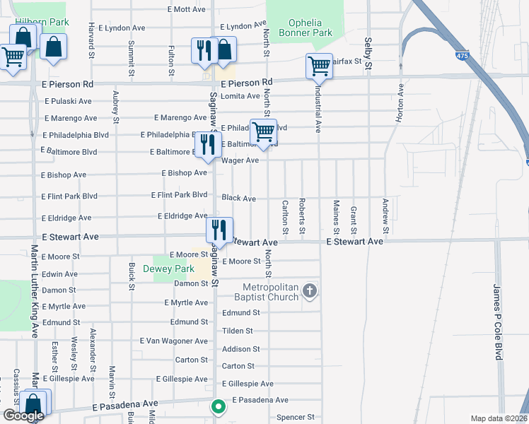 map of restaurants, bars, coffee shops, grocery stores, and more near 761 Black Avenue in Flint