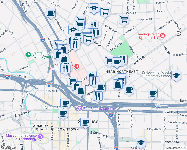 map of restaurants, bars, coffee shops, grocery stores, and more near 601 North Mcbride Street in Syracuse