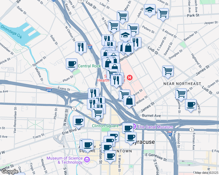map of restaurants, bars, coffee shops, grocery stores, and more near in Syracuse