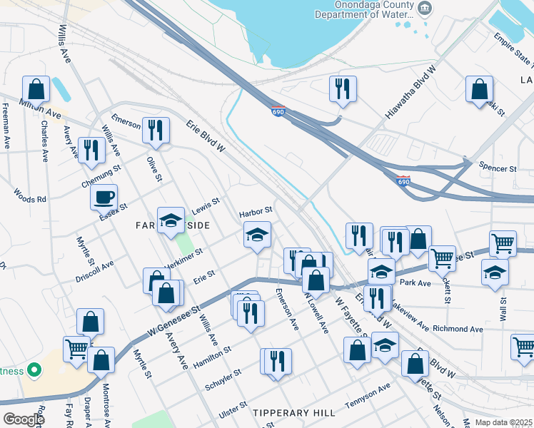map of restaurants, bars, coffee shops, grocery stores, and more near 1515 Erie Boulevard West in Syracuse